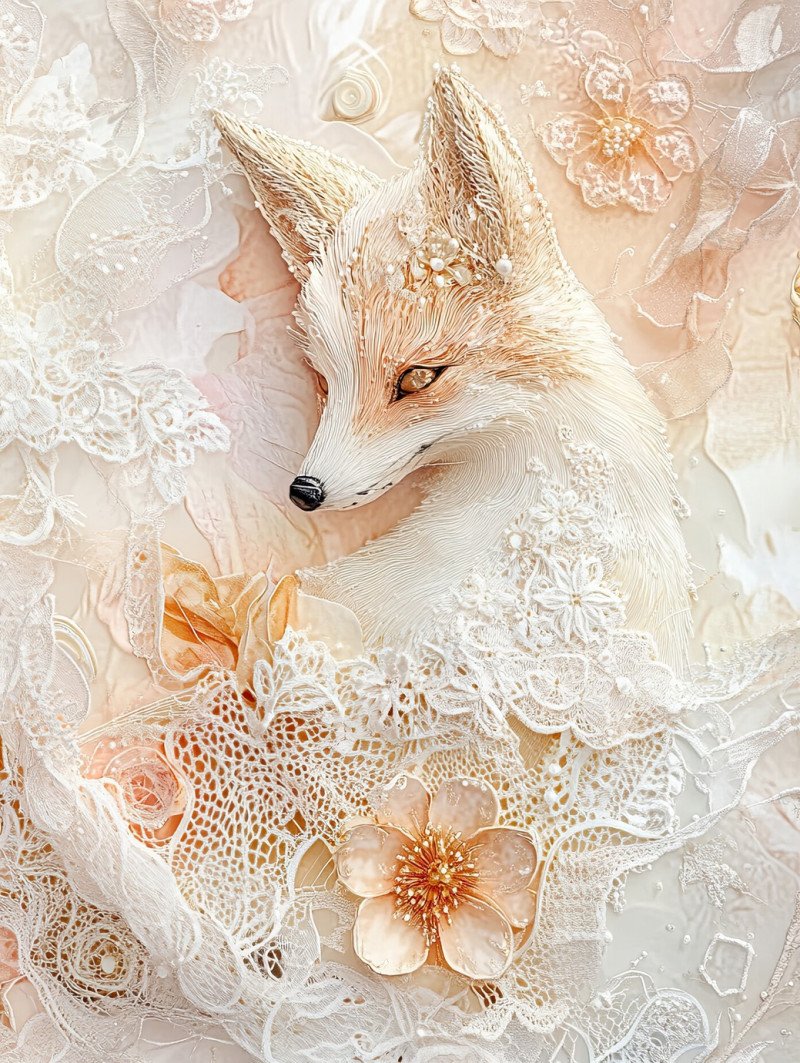 A curled fox woven with lace like floral patterns