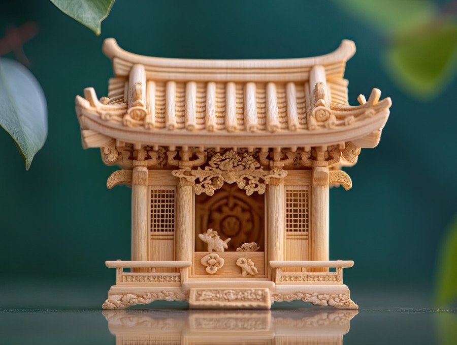 A tiny wooden shrine netsuke with curved eaves
