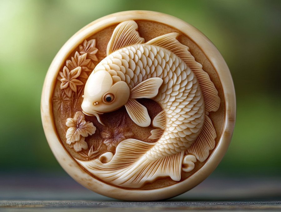 A koi fish netsuke swimming around a coin