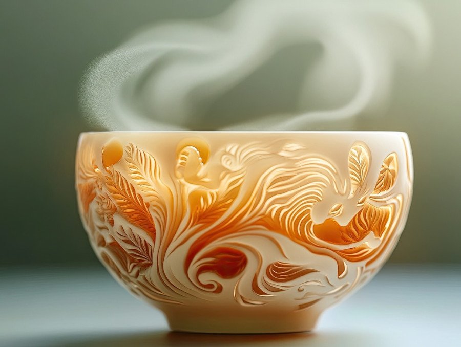 A tea cup netsuke with steam forming swirling patterns