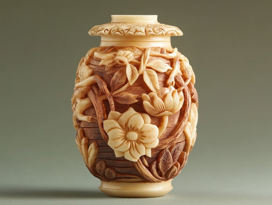 A carved lantern netsuke with floral motifs