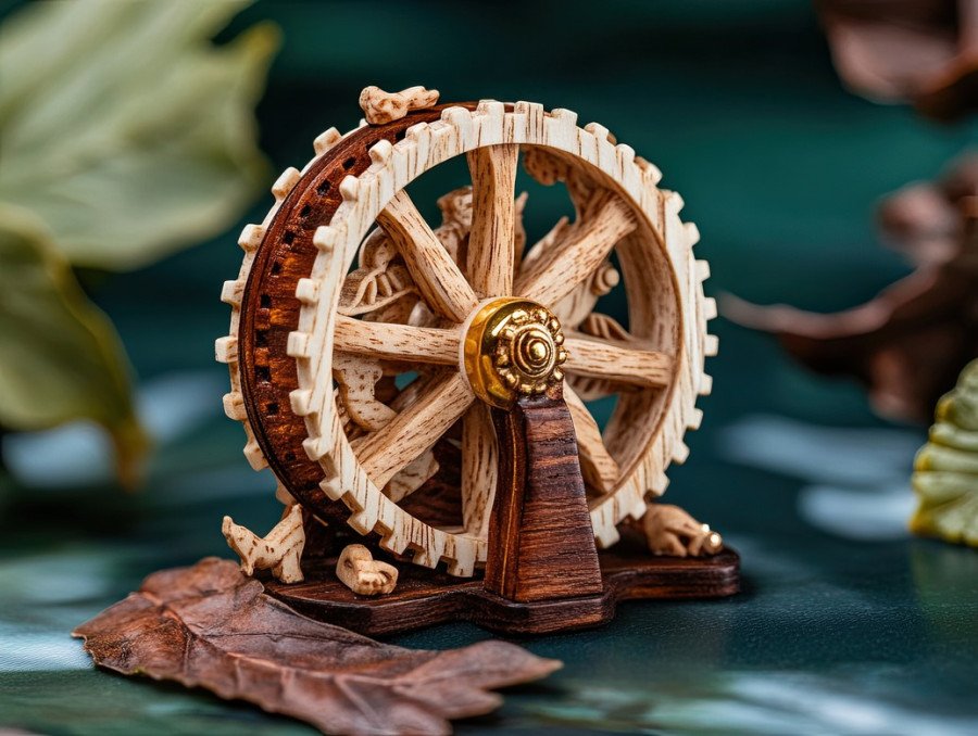 A miniature waterwheel netsuke with fine woodgrain details