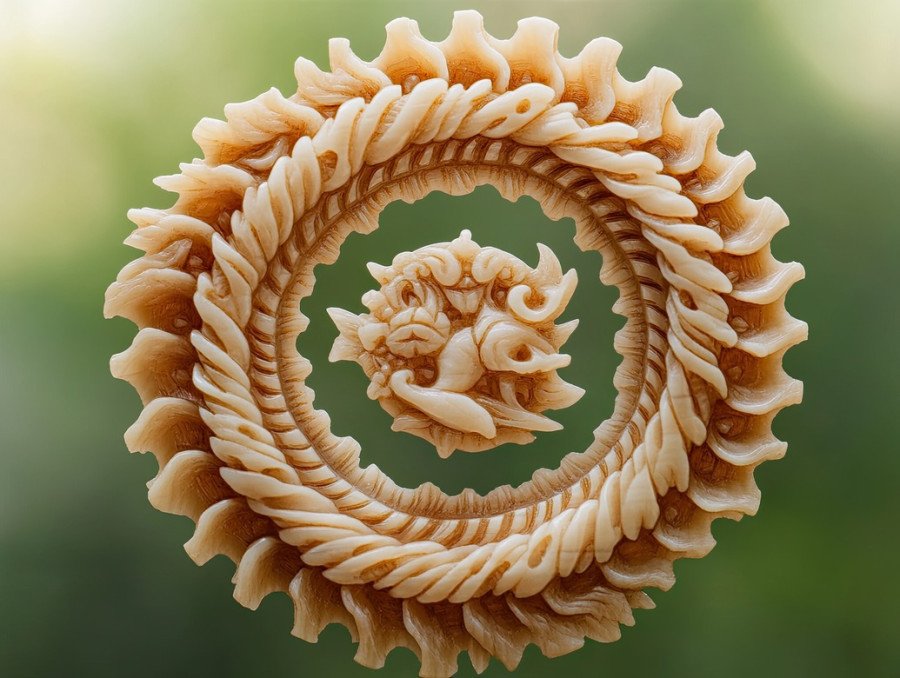 A gear netsuke intertwined with twisting vines