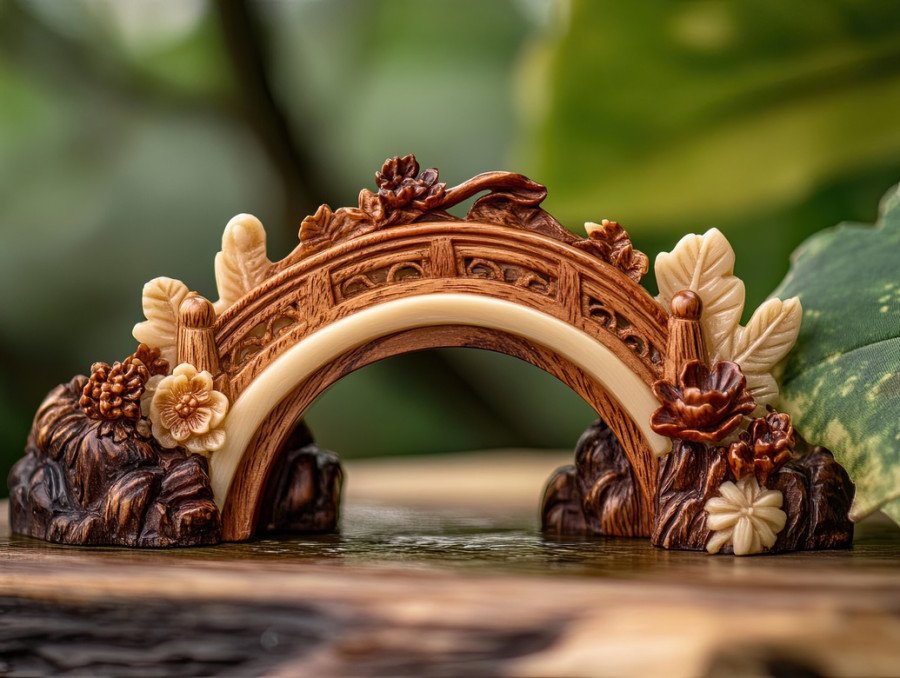 A tiny bridge netsuke over a stream with a carved traveler