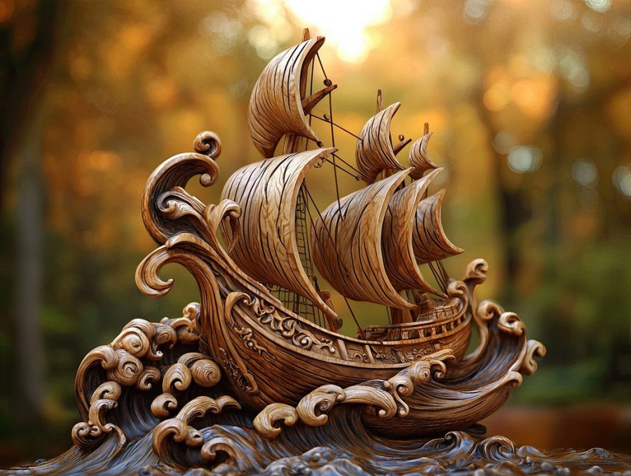 Old sailing ship navigating ocean waves