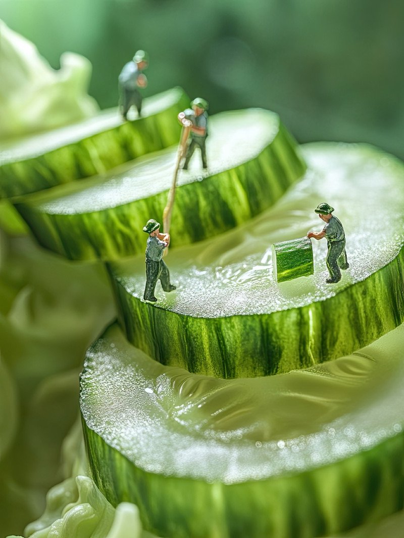 Four tiny farmers stack thin cucumber slices like tiles on a salad plate