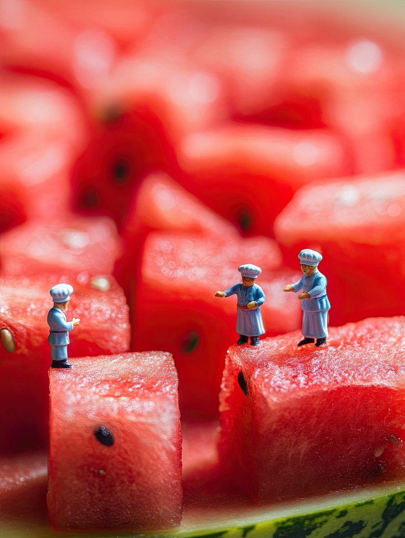 Miniature workers carefully arrange small watermelon cubes on a wooden plate
