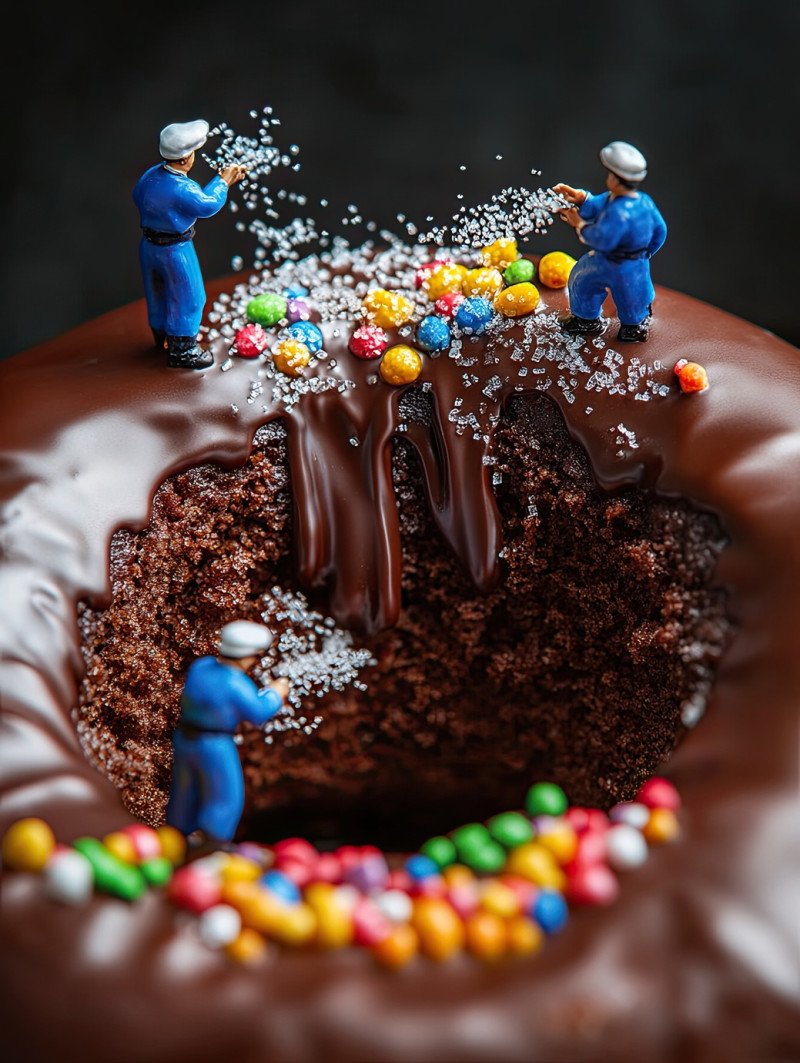 Miniature pastry chefs sprinkle colorful sugar bits over a halved chocolate donut