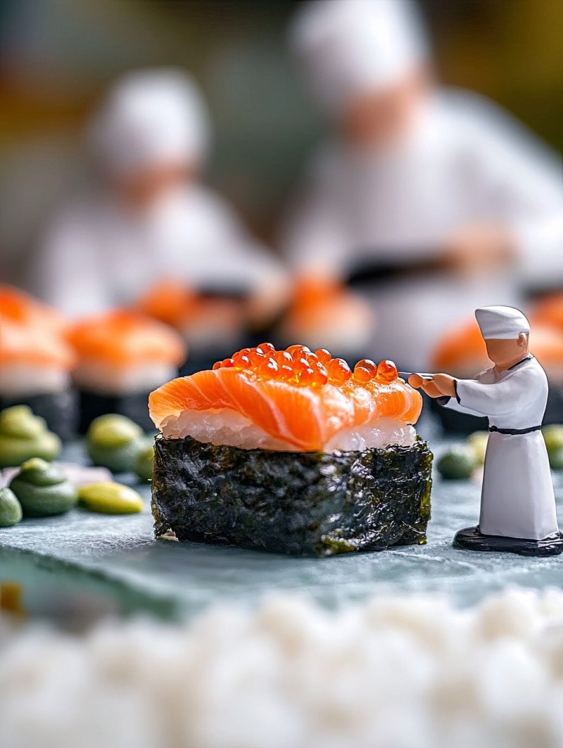 Miniature sushi masters place thin sushi roll slices on a tiny serving tray with precision