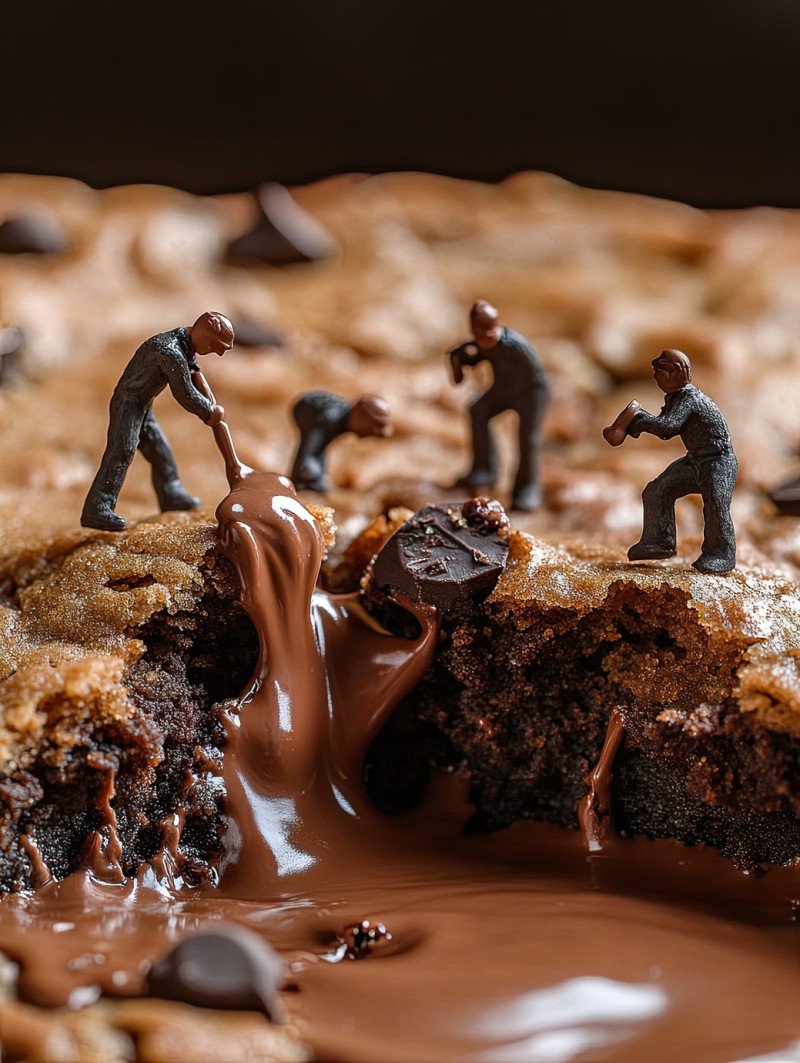 Tiny workers dig into melted chocolate pools in a broken chocolate chip cookie like miners