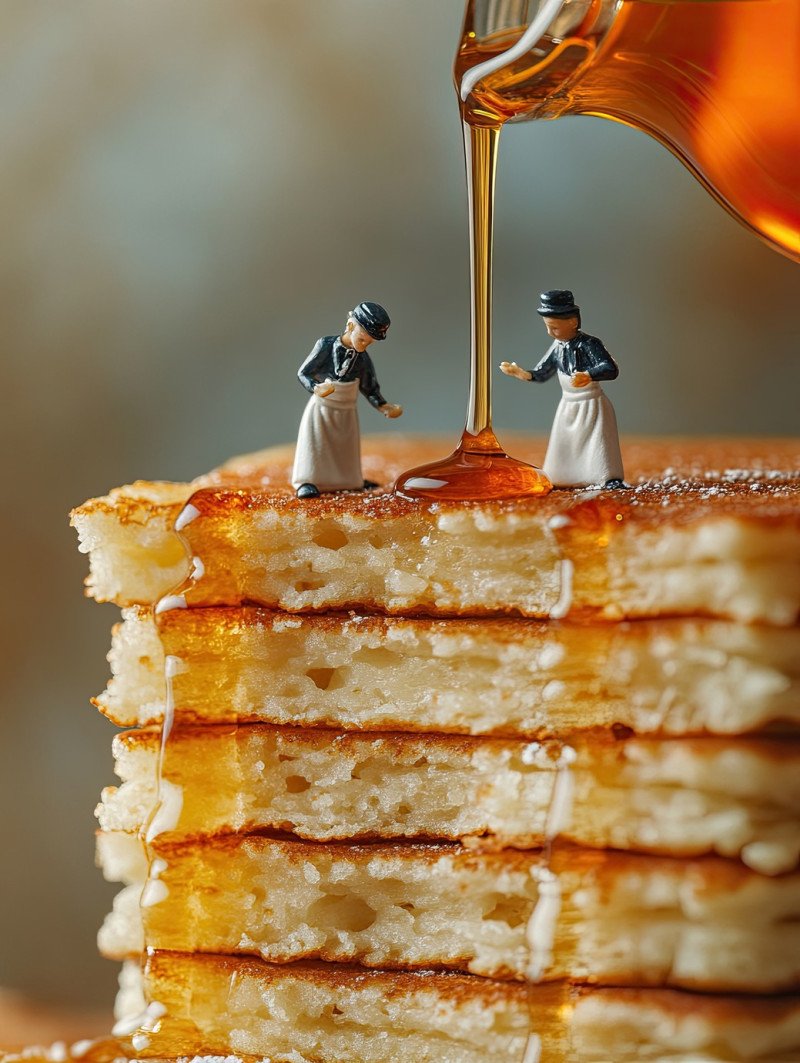 Tiny waiters pour syrup over small square pancake bites