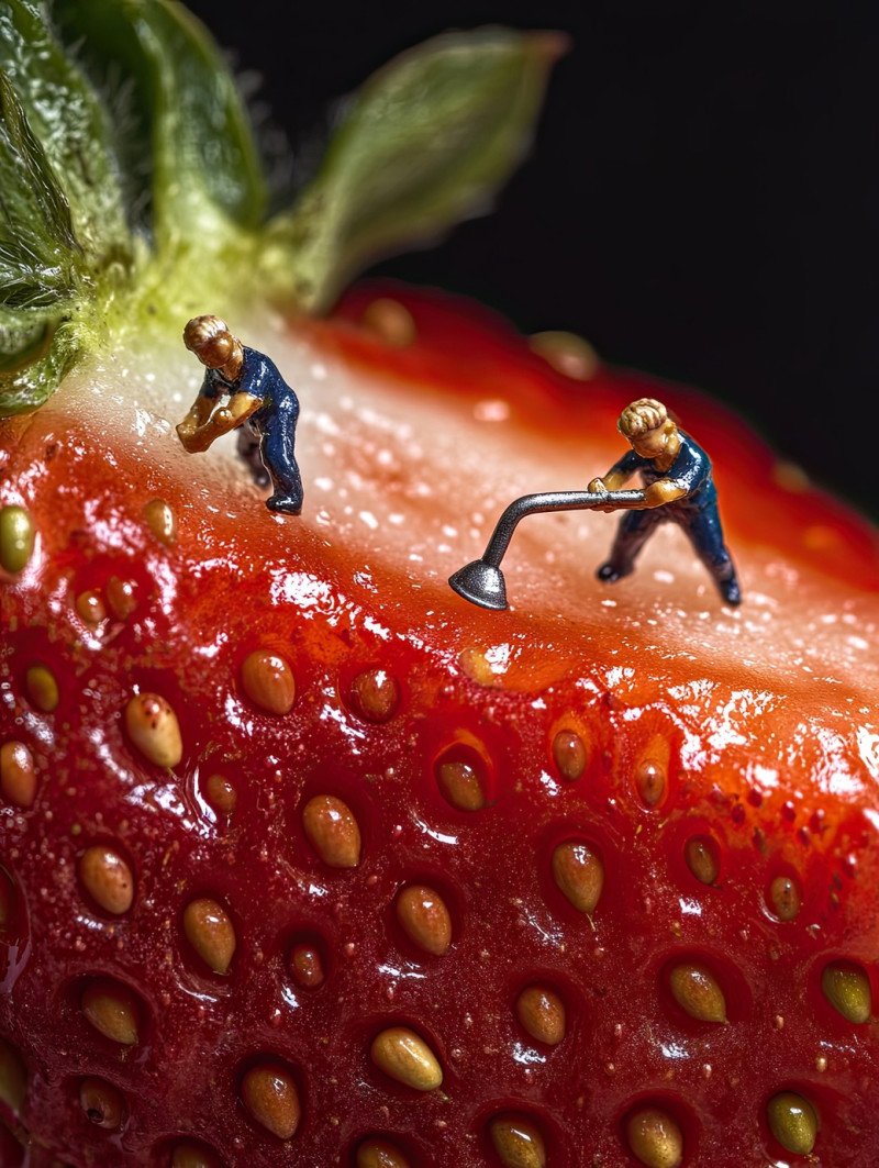 Two tiny gardeners water seeds inside a freshly cut strawberry half