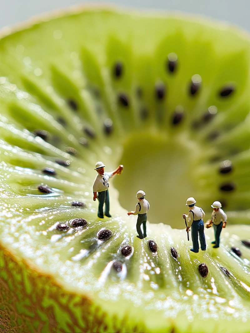 Three tiny workers arrange thin kiwi slices like stepping stones