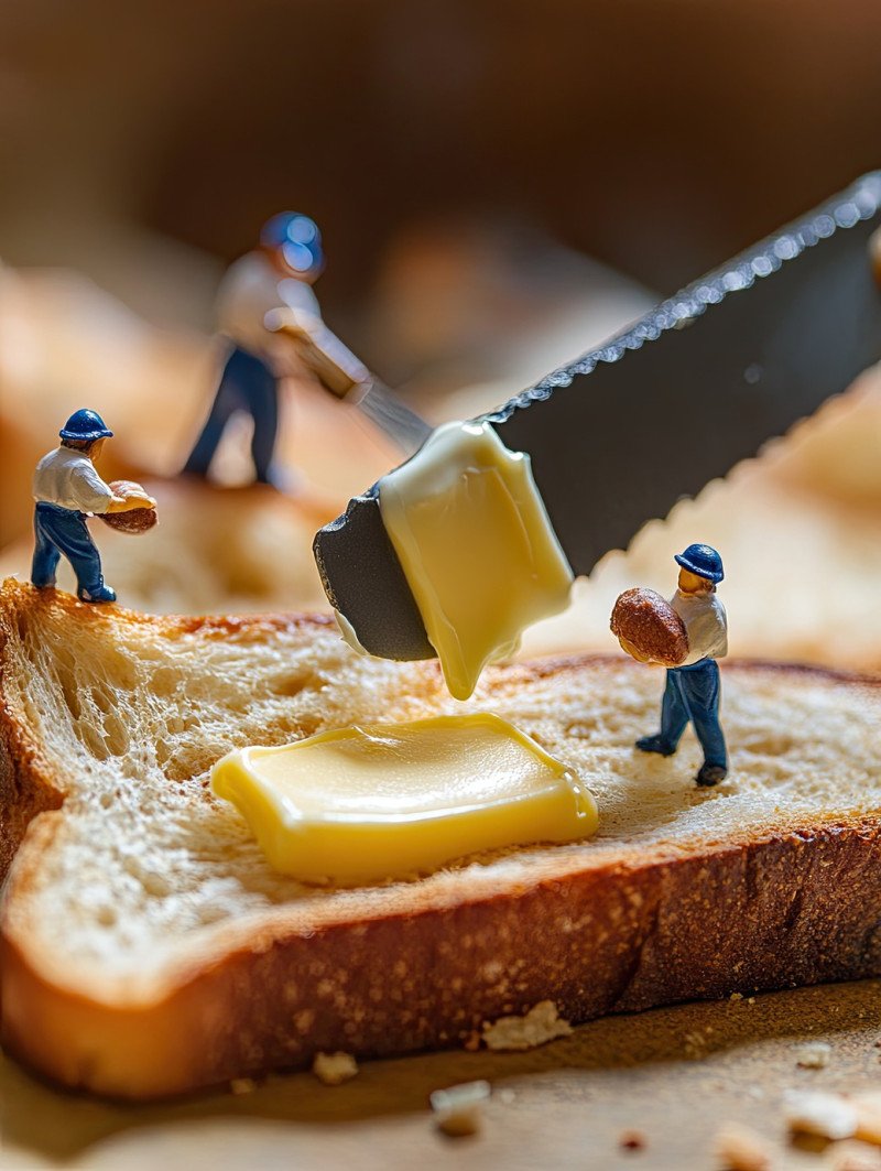 Miniature bakers spread butter on tiny toast slices using oversized knives