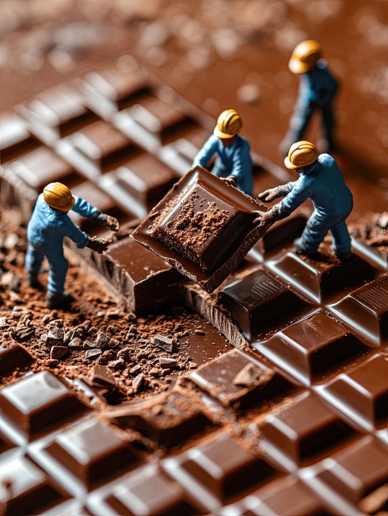 Tiny workers lift a neatly broken chocolate square like a construction block