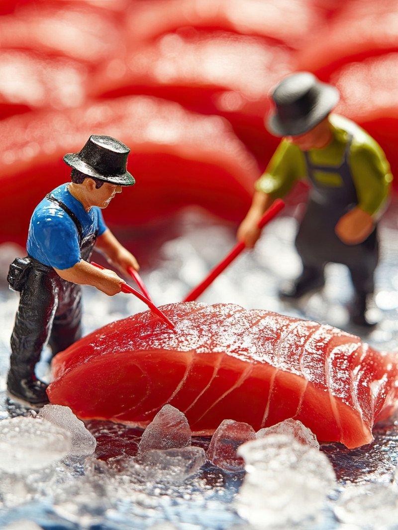 Miniature fishermen place perfect sashimi slices of sushi grade tuna on a tiny ice tray