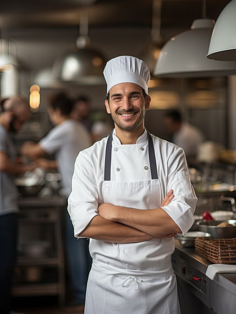 Friendly smiling chef in kitchen