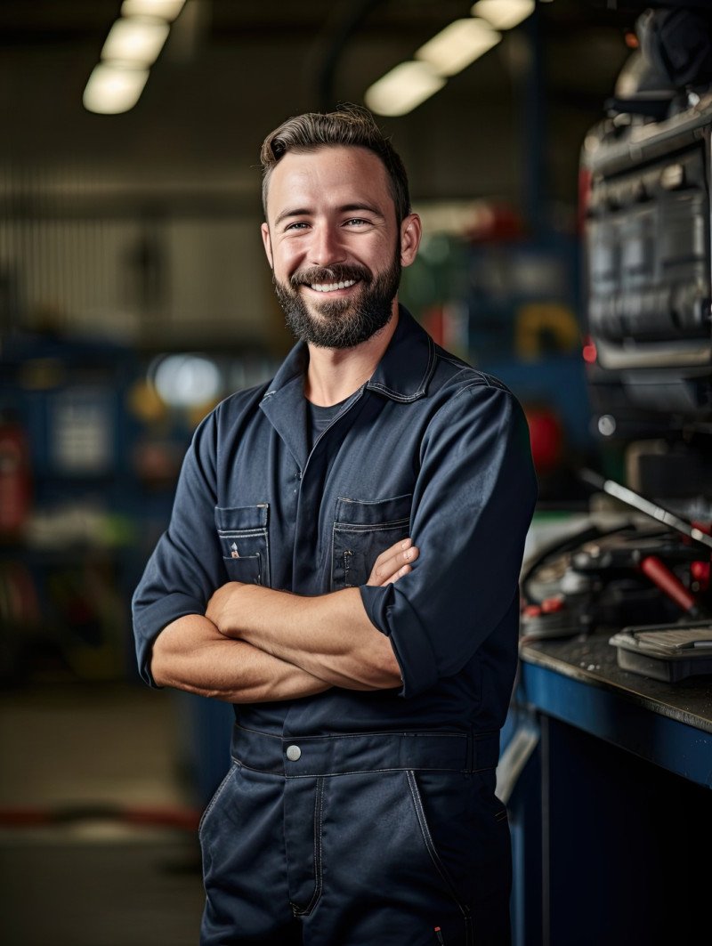 Friendly smiling mechanic in workshop