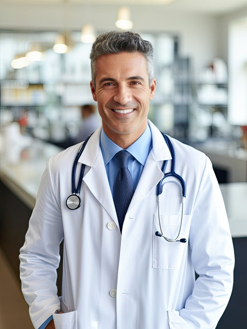Friendly smiling doctor in white coat with stethoscope