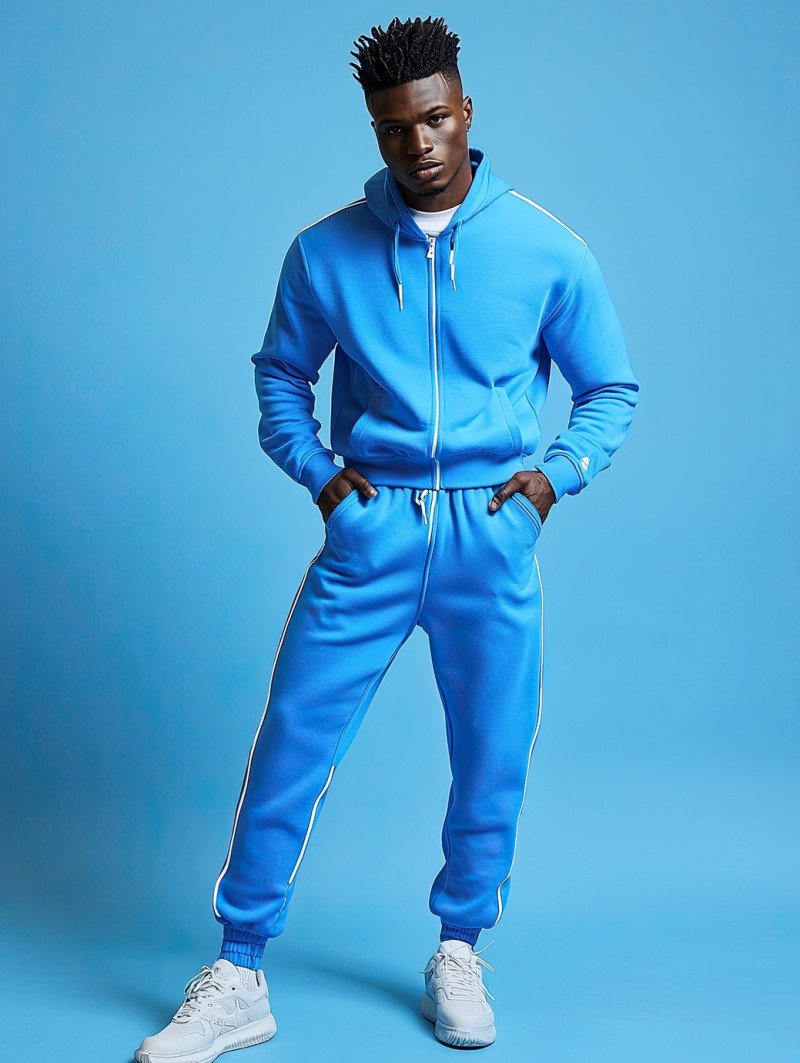 Athletic male model with a muscular build and relaxed expression posing with hands in pockets