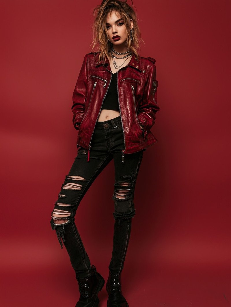 Rebellious model with tousled hair and multiple piercings posing with a relaxed yet powerful stance