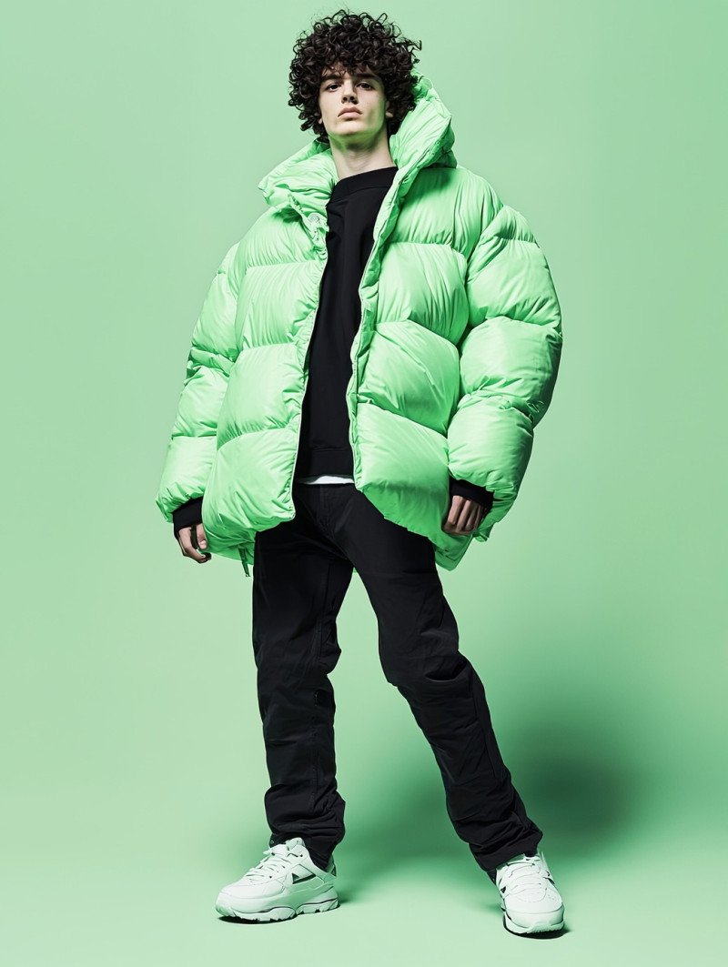 Stylish male model with curly hair and strong jawline posing with a confident stride