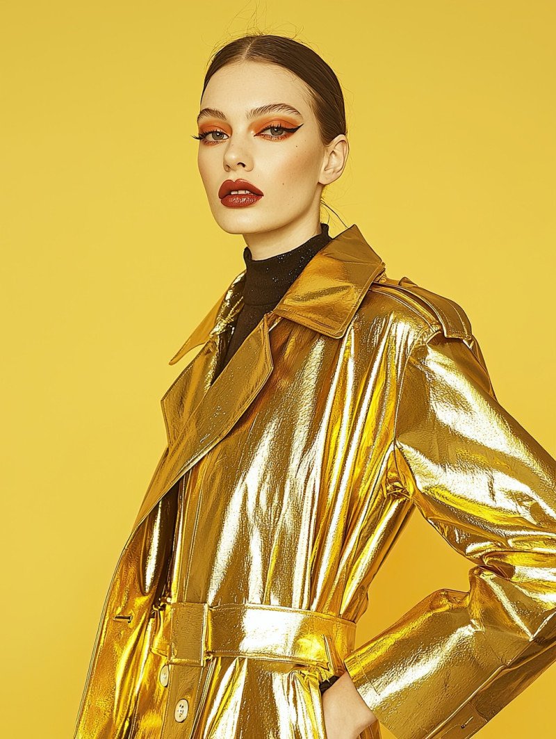 Striking female model with slicked back hair and bold eye makeup posing with a dramatic stance