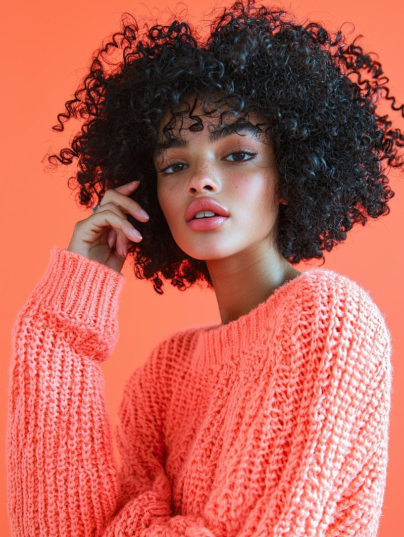 Vibrant model with natural curls posing with an expressive gesture