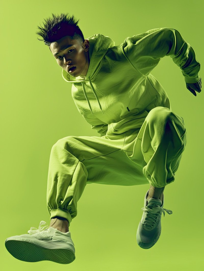 Athletic model with a sharp undercut posing with an energetic jump