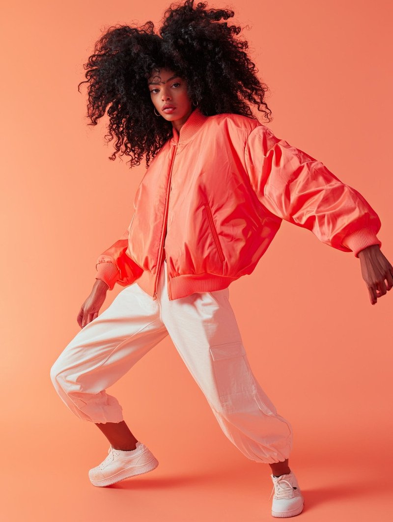 Confident model with voluminous locks posing with a bold stride