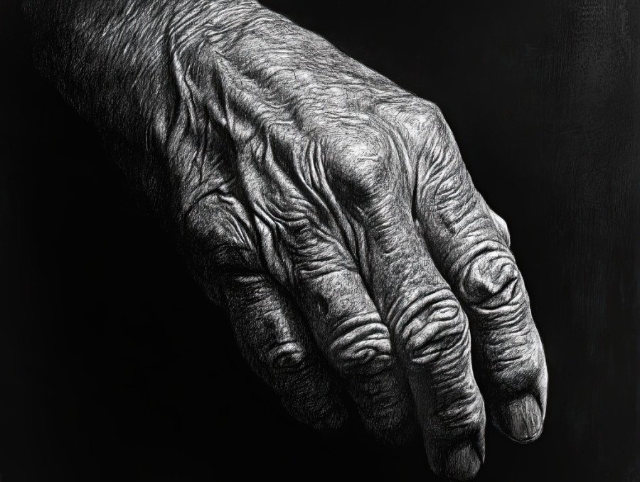 Close up of an aging human hand with deep wrinkles and fine lines