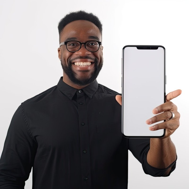 Excited middle aged black man holding a big smartphone with a white blank screen
