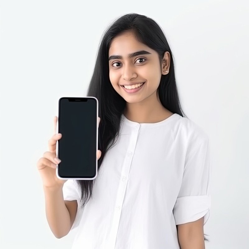 Excited young indian woman holding a big smartphone with a white blank screen