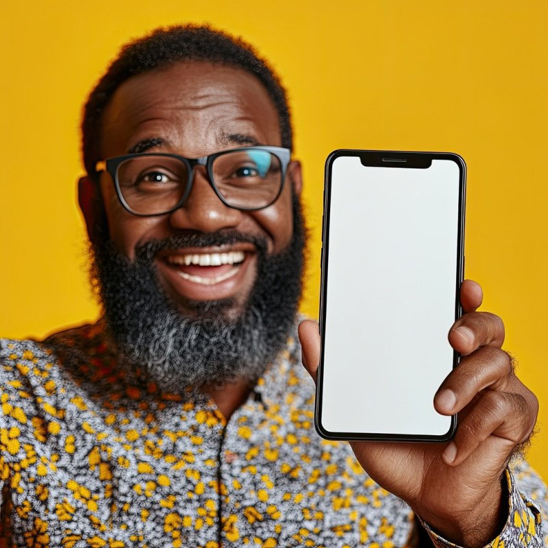 Excited middle aged black man holding a big smartphone with a white blank screen
