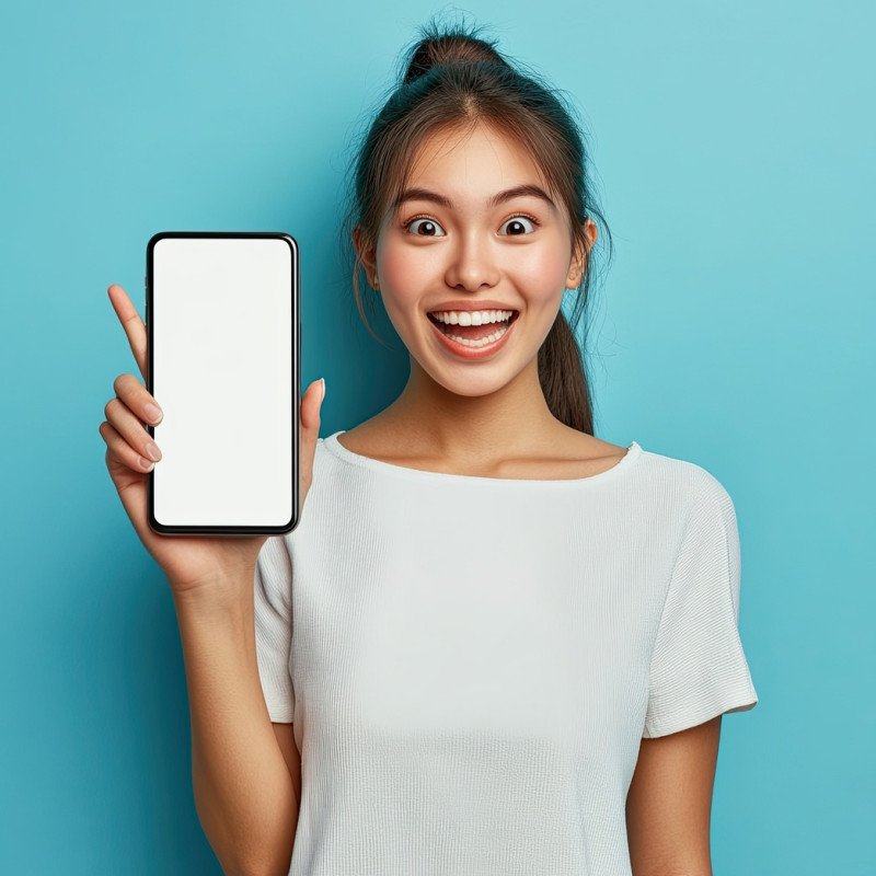 Excited young asian woman holding a big smartphone with a white blank screen