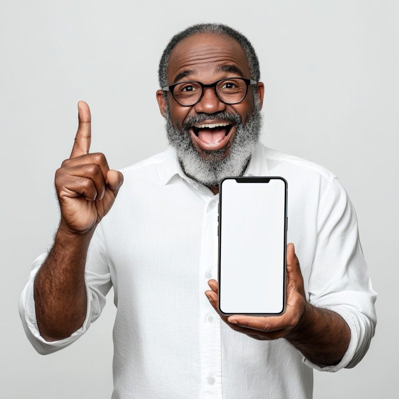 Excited middle aged black man holding a big smartphone with a white blank screen