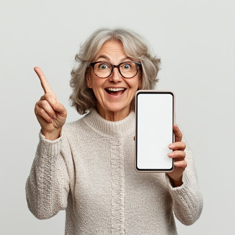 Excited older caucasian woman holding a big smartphone with a white blank screen