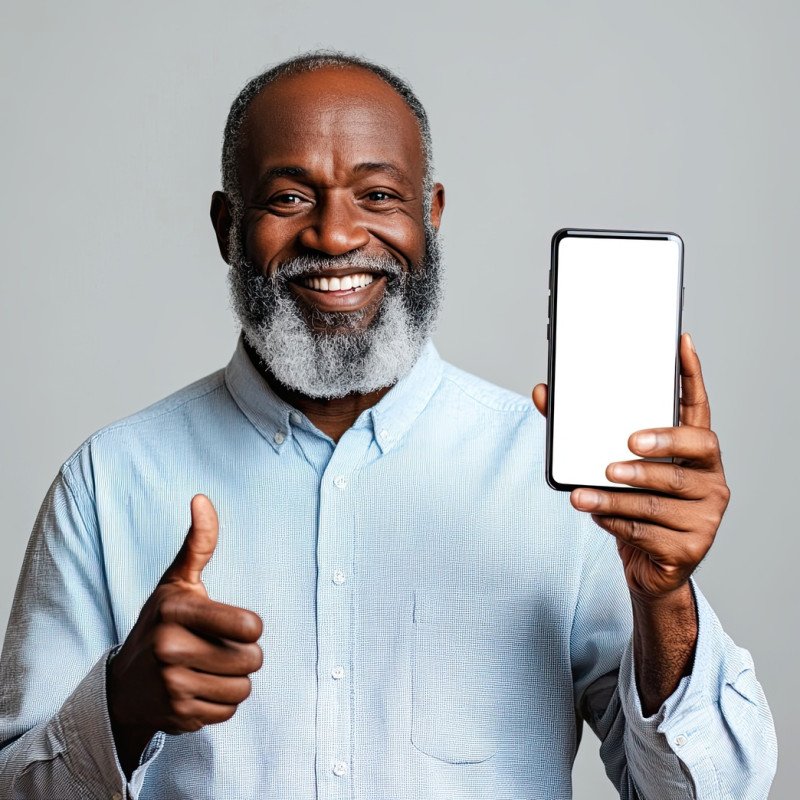 Excited mature black man holding a big smartphone with a white blank screen