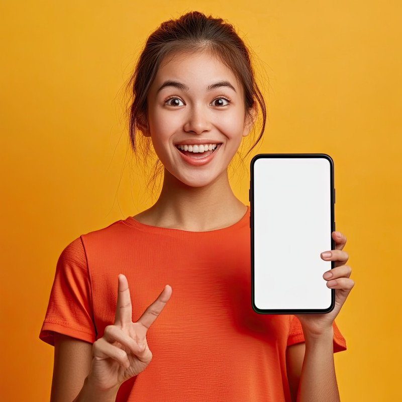 Excited youthful asian woman holding a big smartphone with a white blank screen