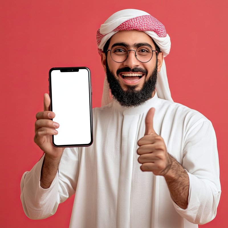 Excited dynamic middle eastern man holding a big smartphone with a white blank screen