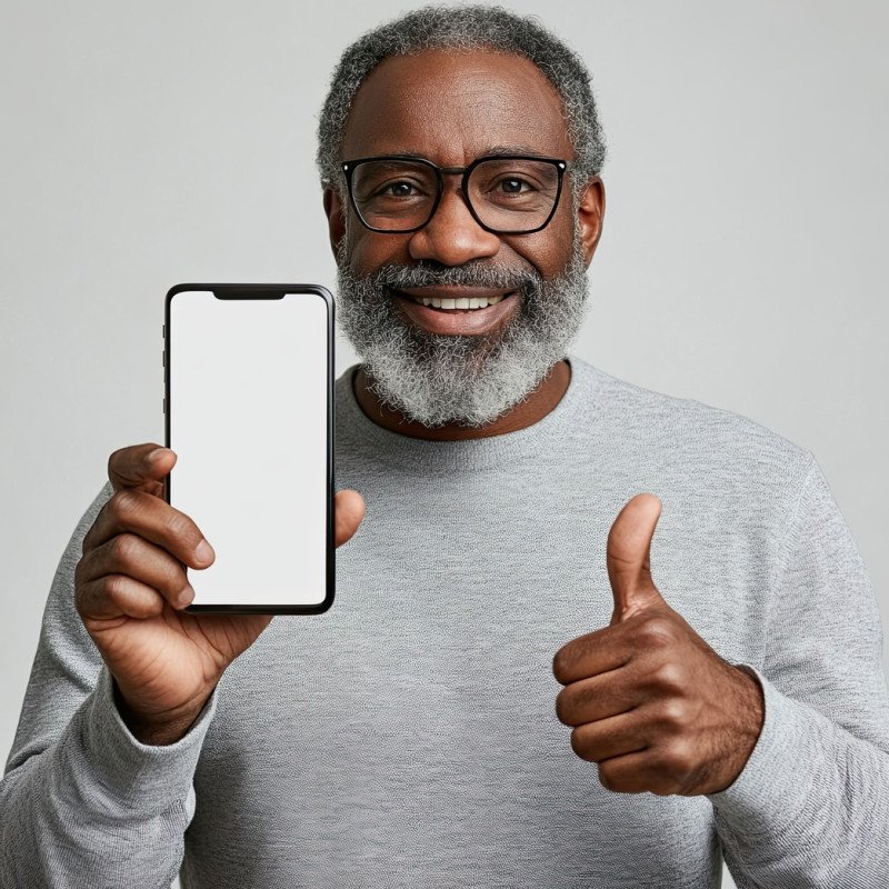 Excited middle aged black man holding a big smartphone with a white blank screen