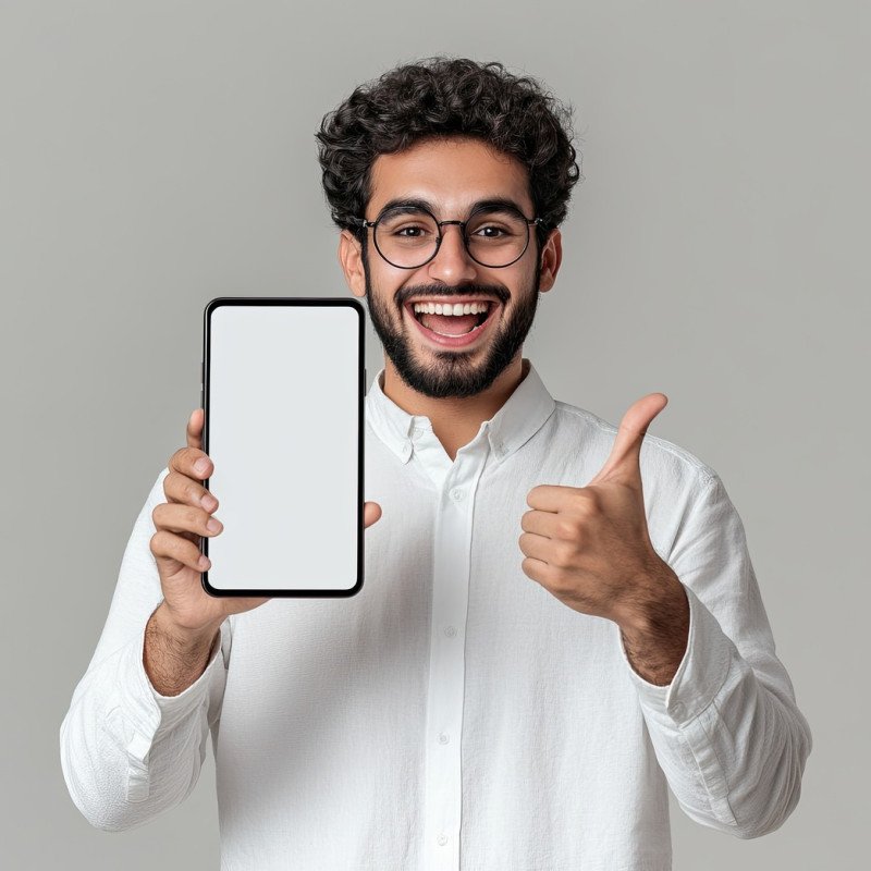 Excited professional middle eastern man holding a big smartphone with a white blank screen