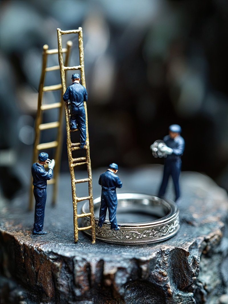 Miniature workers using buffing wheels and micro polishers to carefully polish a platinum ring with engraved details