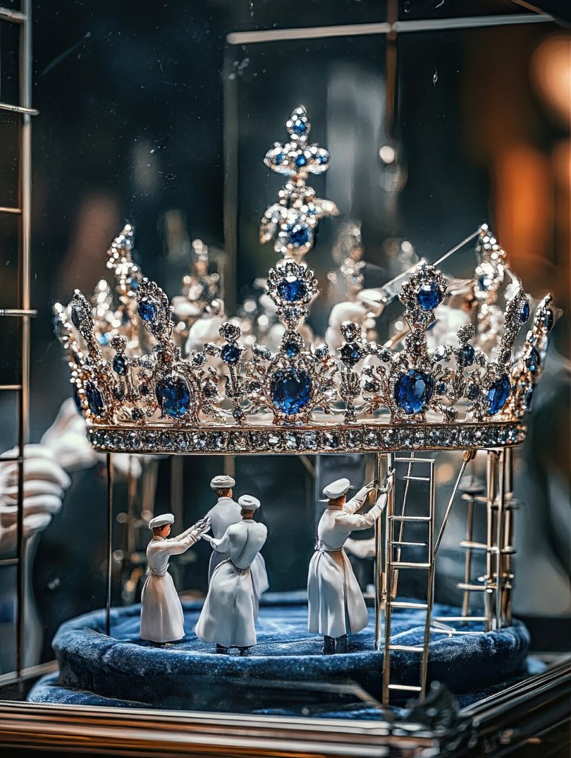 Miniature workers using tweezers and engraving tools to refine a silver crown with deep blue sapphires