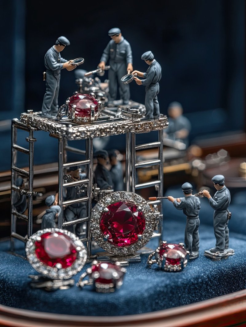 Miniature workers using chisels and polishing drills to craft silver cufflinks with deep red rubies