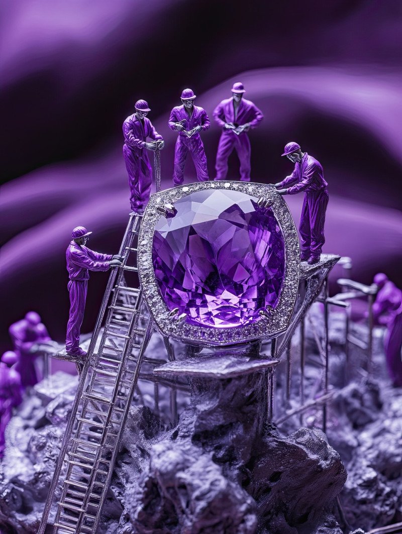 Miniature workers using chisels and diamond tipped drills to shape a silver band with a large faceted amethyst