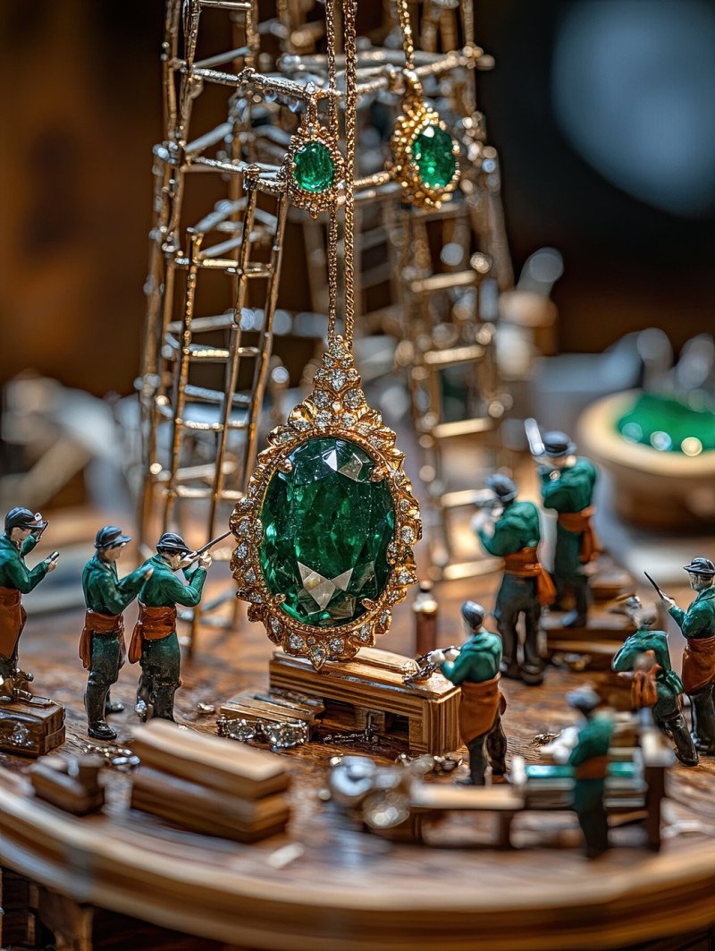 Miniature workers using tweezers and gem setting tools to secure green emeralds in an intricate gold setting
