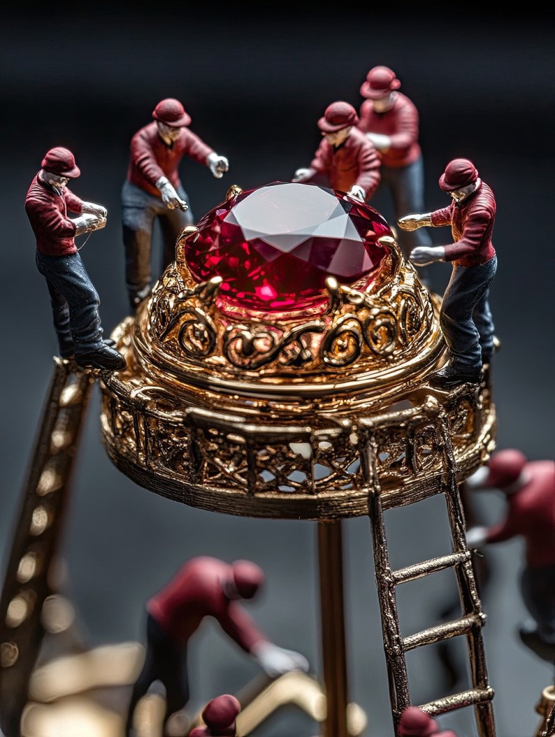 Miniature workers using gem setting prongs and laser engravers to secure a deep red ruby in an ornate gold setting