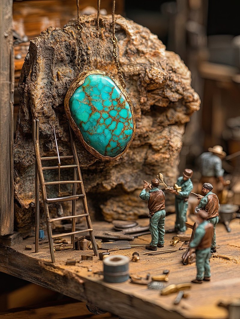 Miniature workers using carving knives and polishing stones to refine a raw turquoise gemstone set in hand hammered gold