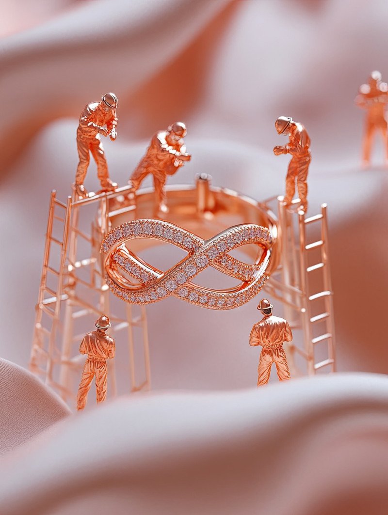 Miniature workers using buffing wheels and microfiber cloths to refine a sleek rose gold band with an interwoven infinity symbol